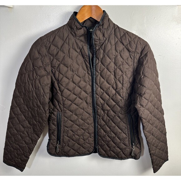 Eddie Bauer Quilted Full Zip Goose Down Embroidered Jacket Coat Sz Small Brown - Picture 1 of 13